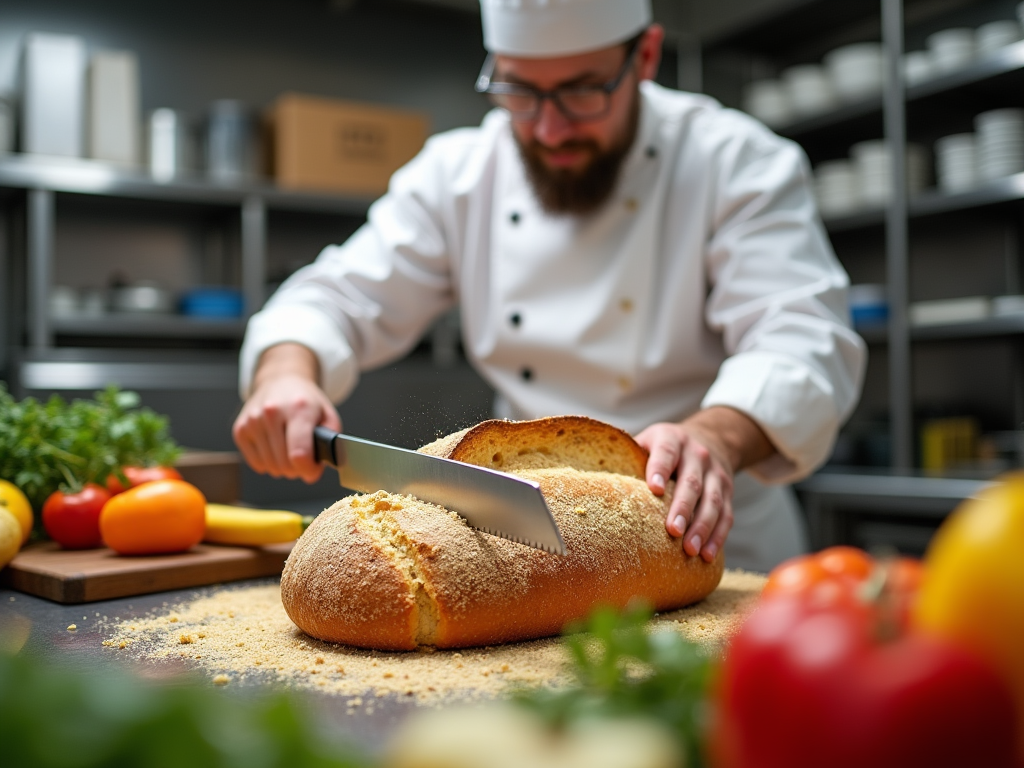 Szef kuchni kroi świeży chleb na drewnianej desce w kuchni restauracyjnej.